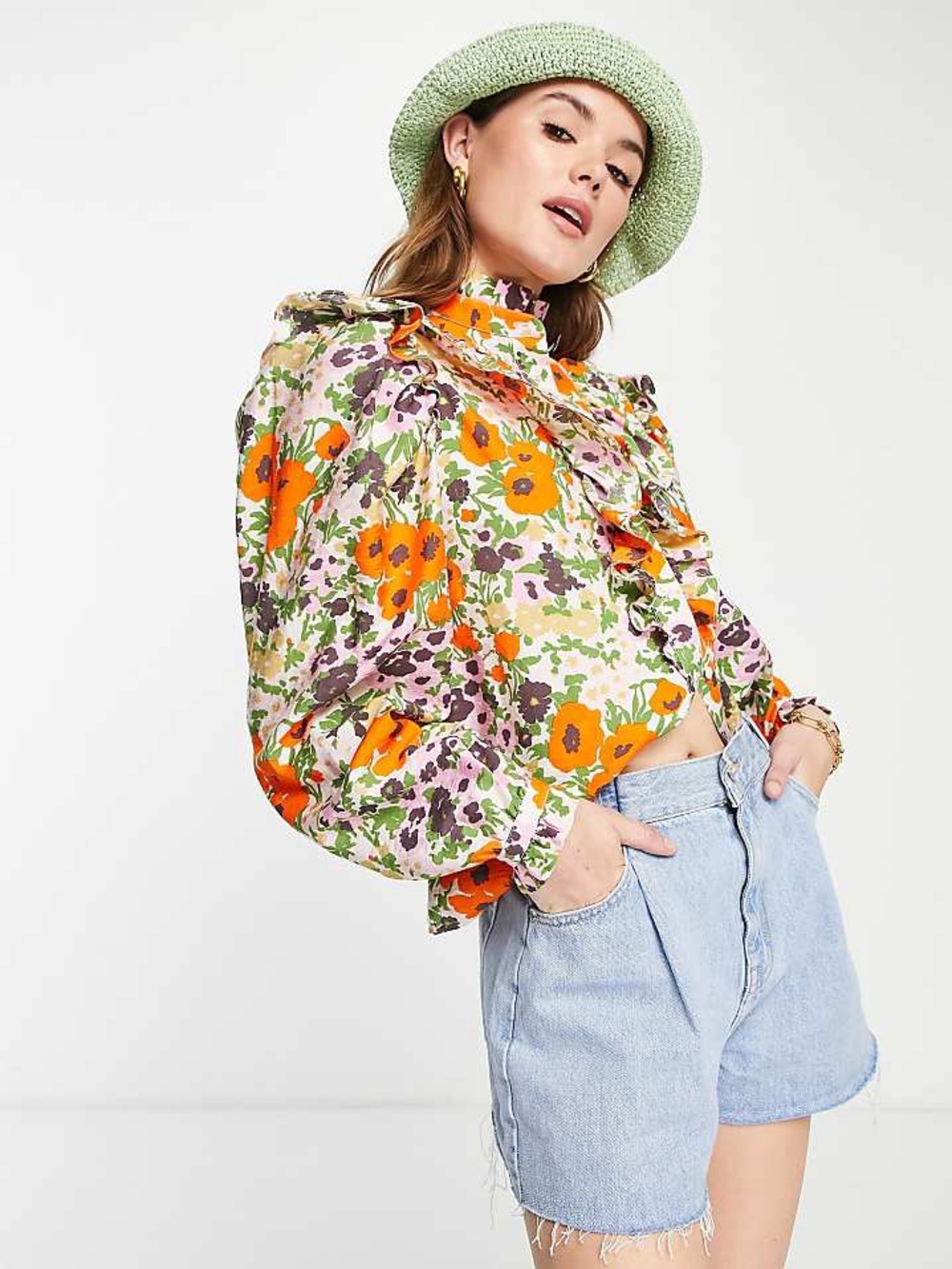 & Other Stories Orange Floral Ruffle-Neck Puff Sleeve Blouse